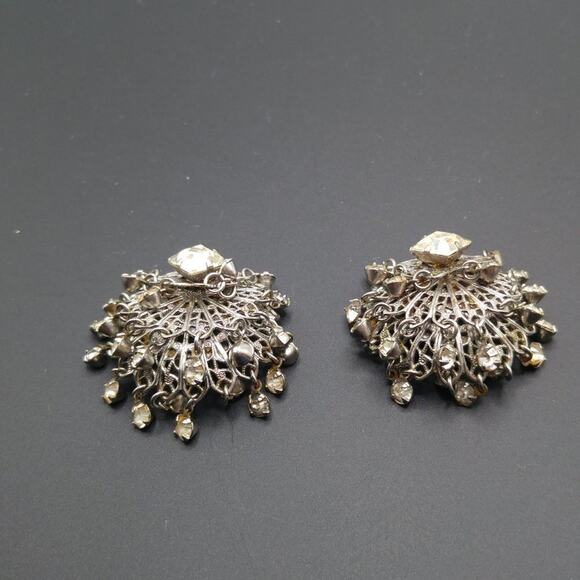 Vintage Waterfall Clip Earrings, Clear Rhinestones, Silver Tone Filigree Dangles - Picture 6 of 10